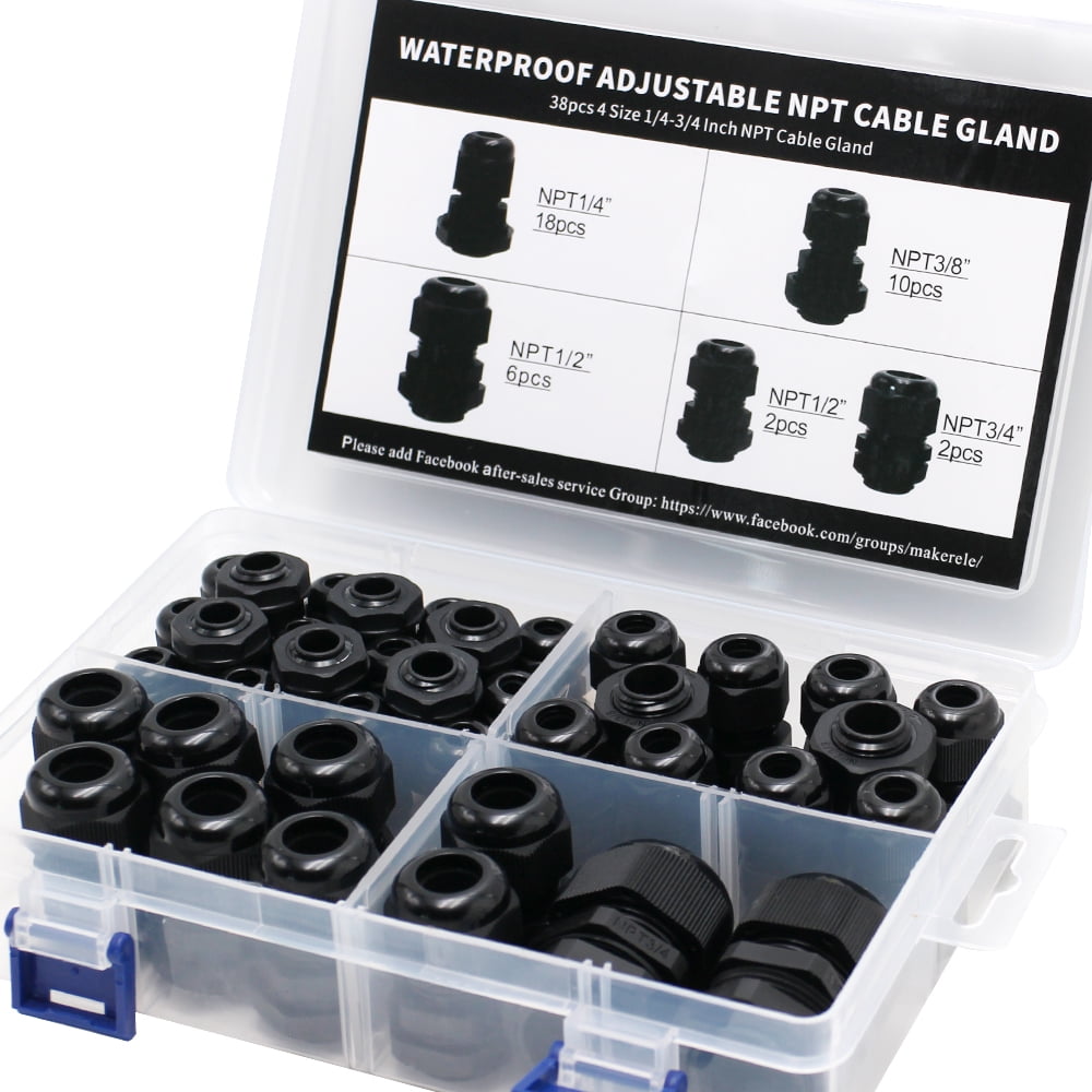 MAKERELE Cord Grip Cable Glands Kit for NPT Waterproof Nylon Strain Relief 1/4” 3/8” 1/2” 3/4” 1” 1-1/4” 50pcs Junction Box Connector Black With Gaskets