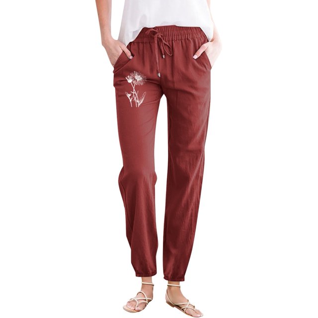 Ladies Pants Casual Solid Color Local Dandelion Print Pocket Drawstring Home Outdoor Trousers Woman Pants Red XL