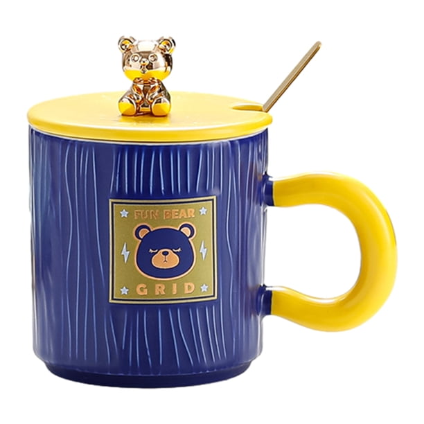 Taza de oso de 320ml con tapa, cuchara, Taza de cerámica para hombres y mujeres, taza de agua para pareja de café para desayuno en casa y oficina