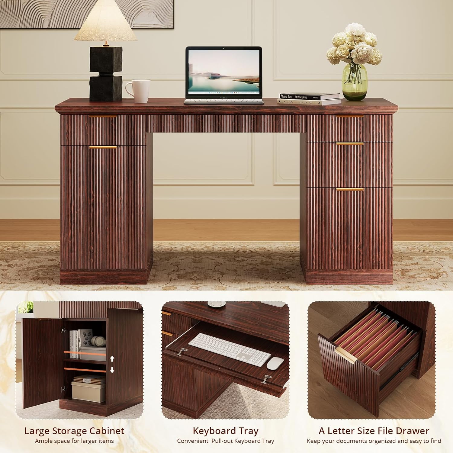 SELOOYE 58" Fluted Modern Desk with Storage, Home Office Desk with 1 File Cabinet & 5 Drawers, Wood Executive Computer Writing Desk for Study, Living Room, Bedroom(Walnut)