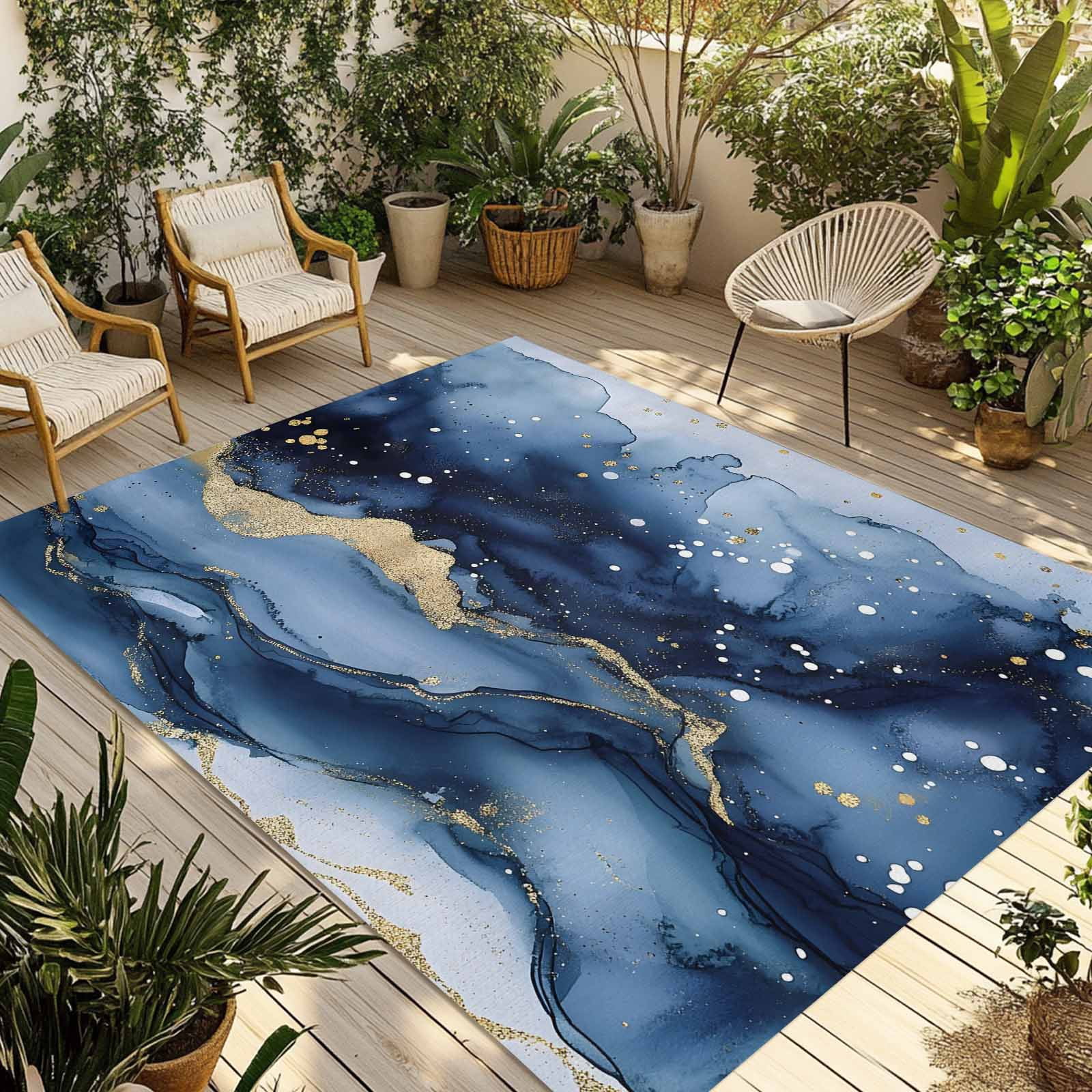 Outdoor Rug 5x8ft Ombre Blue Golden Marble Texture Large Area Rug Abstract Art Indoor Outdoor Carpet Outdoor Rugs Mats for Patio Camping,RV,Front Door, Outside Decor