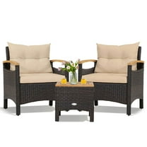 Spaco 3 Pieces Patio Rattan Furniture Set with Removable Cushions, Patio Conversation Furniture Set, Beige