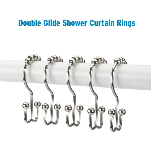 Shower Curtain Hooks Rings, Rust-Resistant Metal Double Glide Shower Hooks  for Bathroom Shower Rods Curtains, Set of 12 Hooks - Nickel 