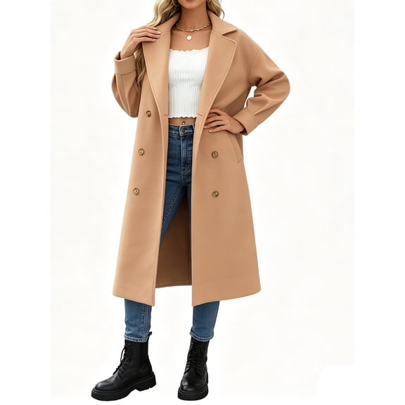 Lapel Collar Double Breasted Women's Winter Elegant Coats Long Notched Pea Coat