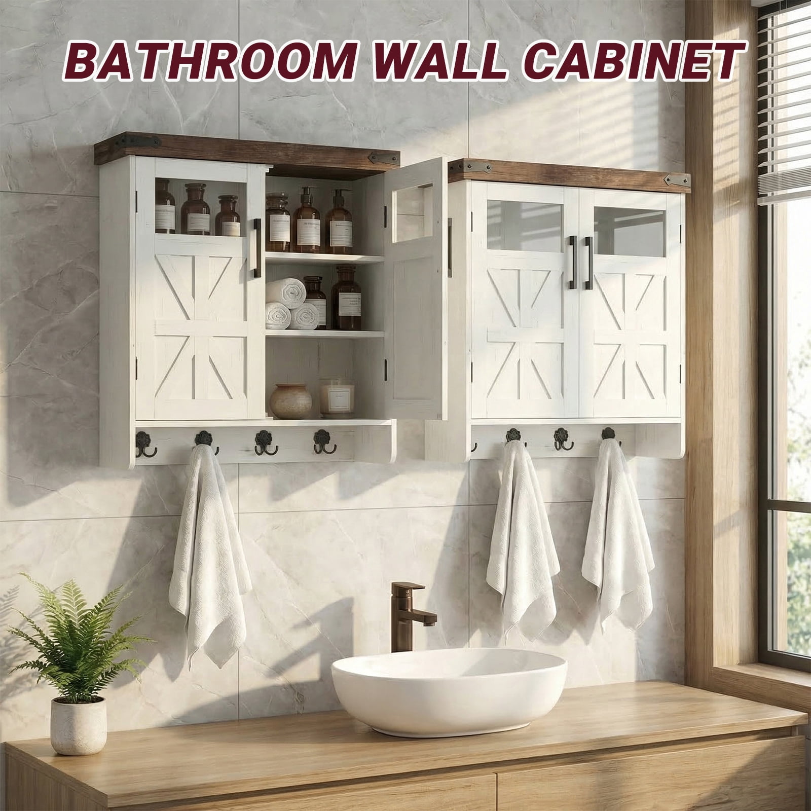 Hommoo Wall Bathroom Cabinet with Adjustable Shelves and Hooks, Medicine Cabinet Storage Organizer Cabinet for Bathroom Kitchen Garage, White