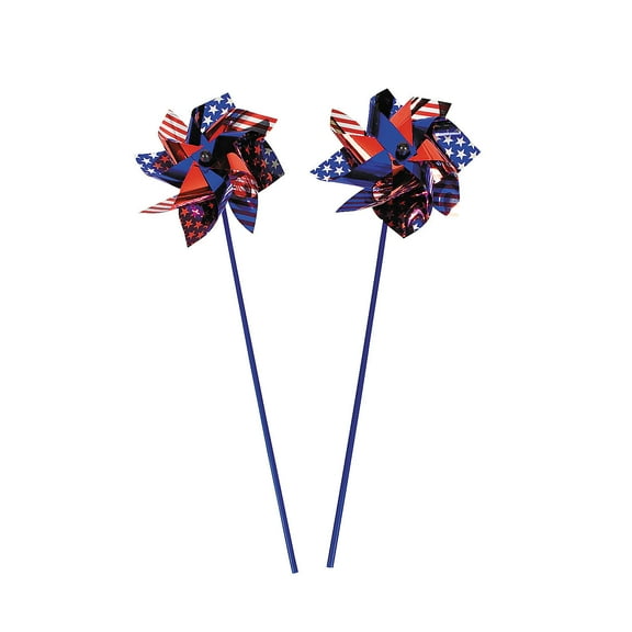 Fun Express 9" Jumbo Patriotic American Flag Metallic Foil Pinwheels - 12 Pieces