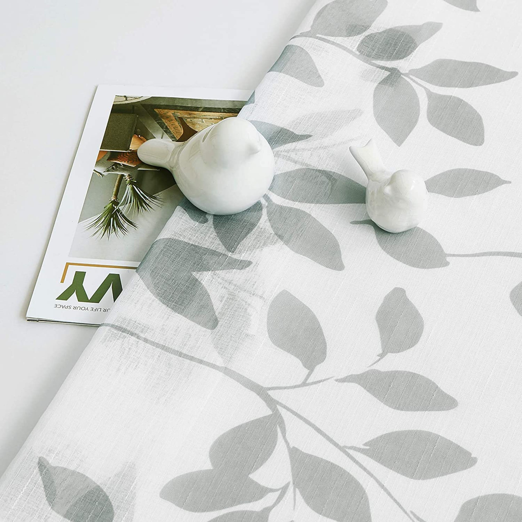 Exultantex White and Grey Sheer Curtains Leaf 84 inch Long 2 Panels Rural Garden Linen Textured, Rod Pocket