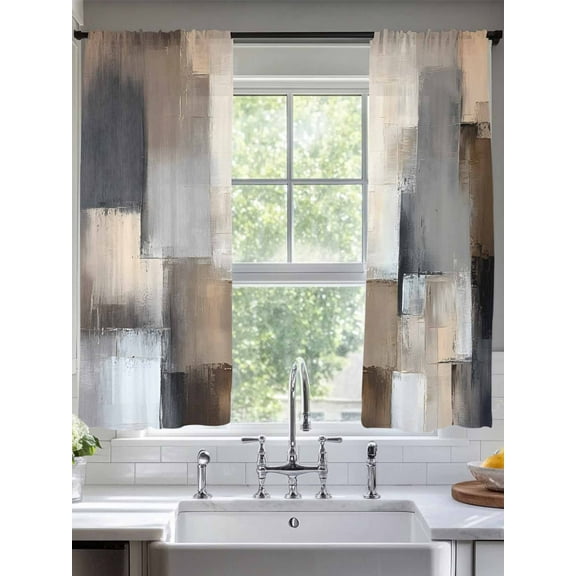 Grey Brown Abstract Sheer Curtains for Living Room Bedroom Oil Painting Color Blocks Sheer Curtains 63 Inch Long 2 Panels Set Light Filtering Curtain Window Treatments Drapes for Dining Room