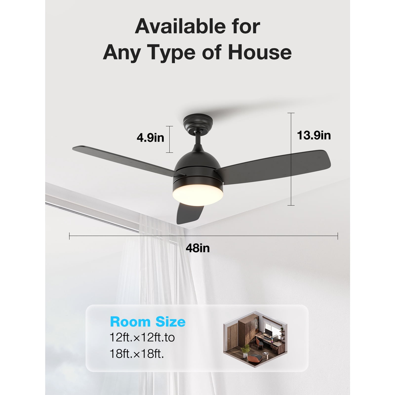 Warmiplanet 48" 3-Blades Modern Ceiling Fan with Light & Remote, Black, Dual-Color Blades, 6 Speeds, 3-Color Light
