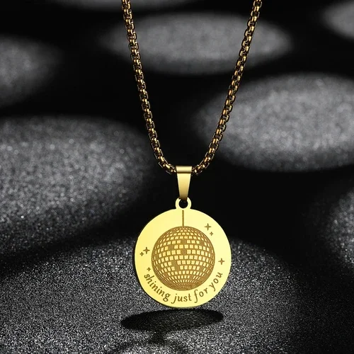 14K Yellow Gold  Engraved Round Chain Pendant Necklace Shining Mirrorball Necklace For Women Men