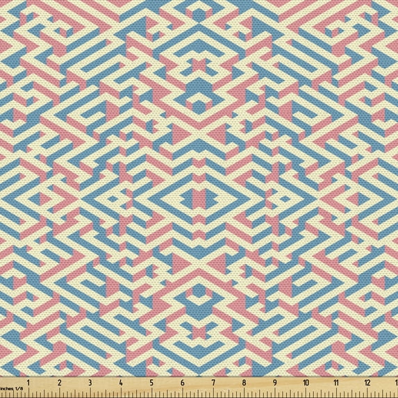 Abstract Fabric by the Yard Upholstery, Geometrical Design Imaginary Maze Mirror Symmetric Labyrinth Motif, Decorative Fabric for DIY and Home Accents, Pastel Pink Pale Yellow by Ambesonne