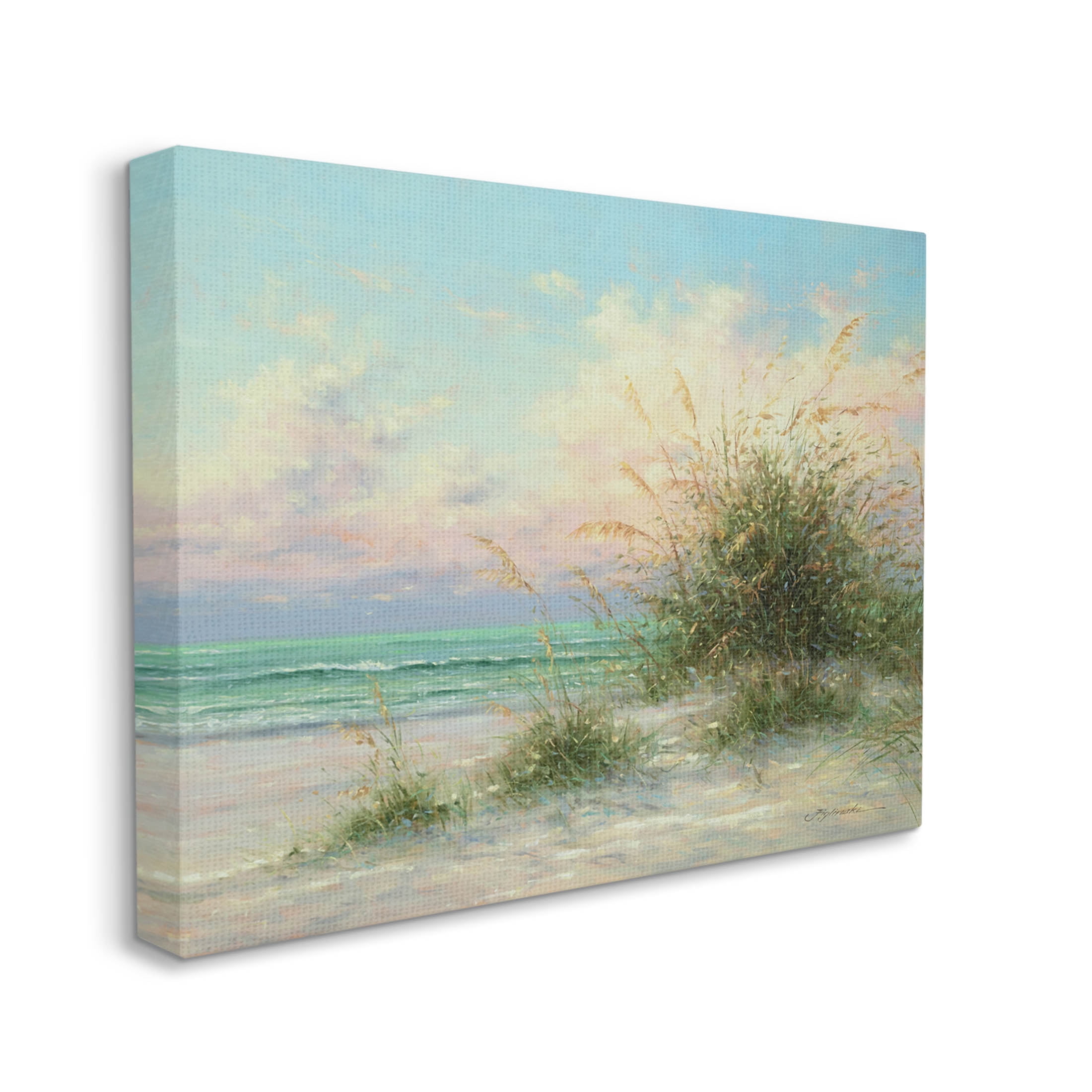 Summer Beach Grass Sea Waves Coastal Painting Gallery Wrapped Canvas Print Wall Art