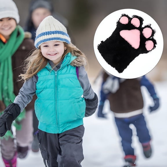 TELOLY Cat Claw Glove Furry Paw Gloves 1Pcs Black Plush for Children Girls Cosplay Daily Use