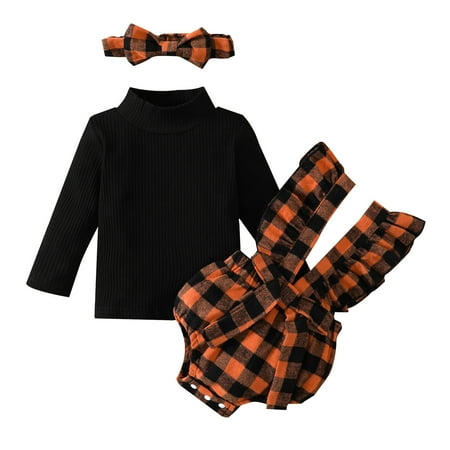 

simu Valentines Day Girls Outfits Girls Long Sleeve Ribbed Tops T Shirt Plaid Prints Suspenders Shorts Headbands Outfits for Birthday Wedding