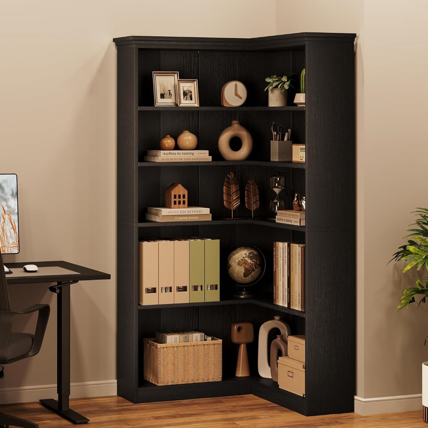 Garvee Large 5-Tier L-Shaped Corner Bookshelf, 35.5 x 35.5 x 72.8", Black