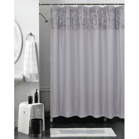 Silver Fabric Shower Curtain With 3d Flower Pattern Top