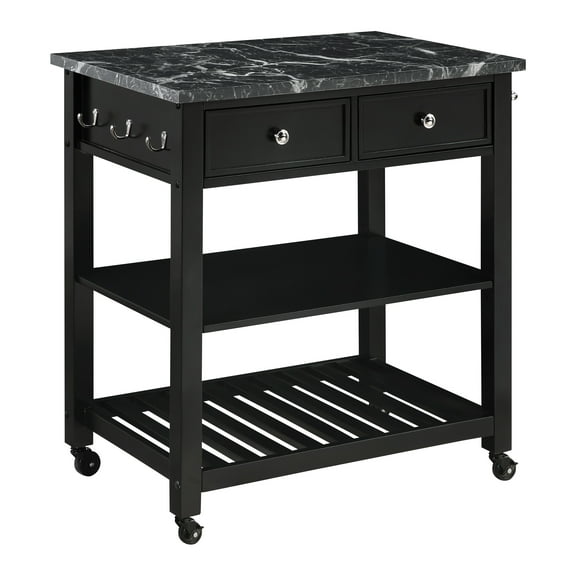 Litchfield Kitchen Cart Engineered Wood With Faux Marble Top in Black Finish