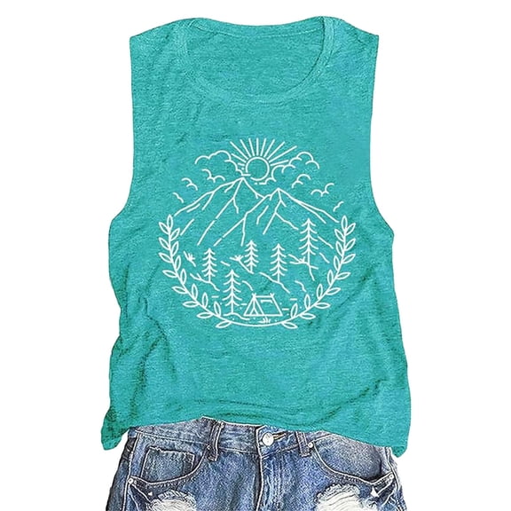 Puliio Women'S Tank Tops Modern Summer Round Neck Mountain Print Top Fashionable Simple Loose Short Sleeved Vest Suspender