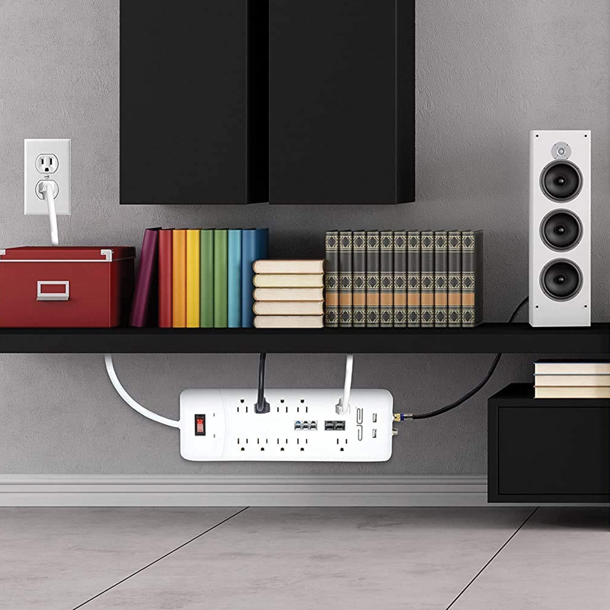 Digital Energy DSS5-1034-WHT 10-Outlet Heavy-Duty Surge Protector Power Strip with 2 USB Ports and Coaxial, Phone, and Modem Protection (White; 8-Foot Cord)