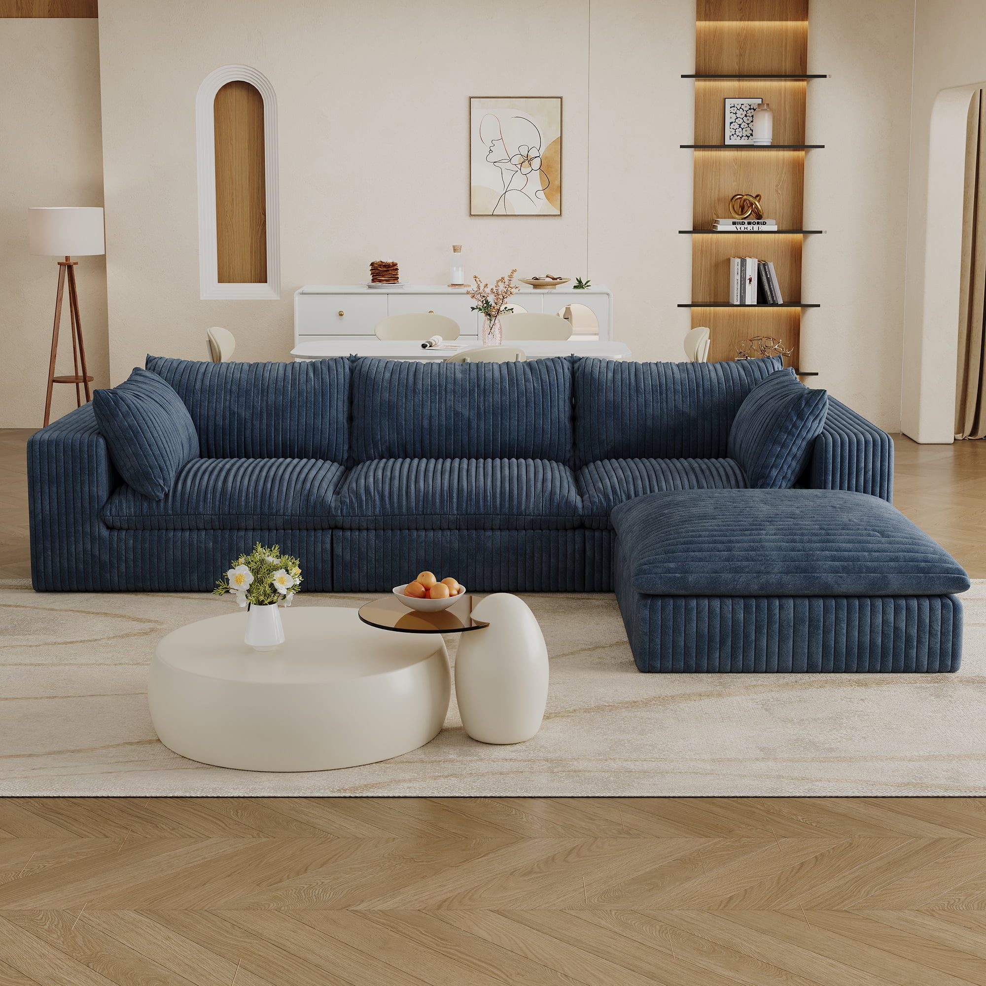 MAYEERTY 118.2" Cloud Sofa Blue Corduroy Deep Seat Double-Layer Removable Cushion No Assembly Multi-Rooms