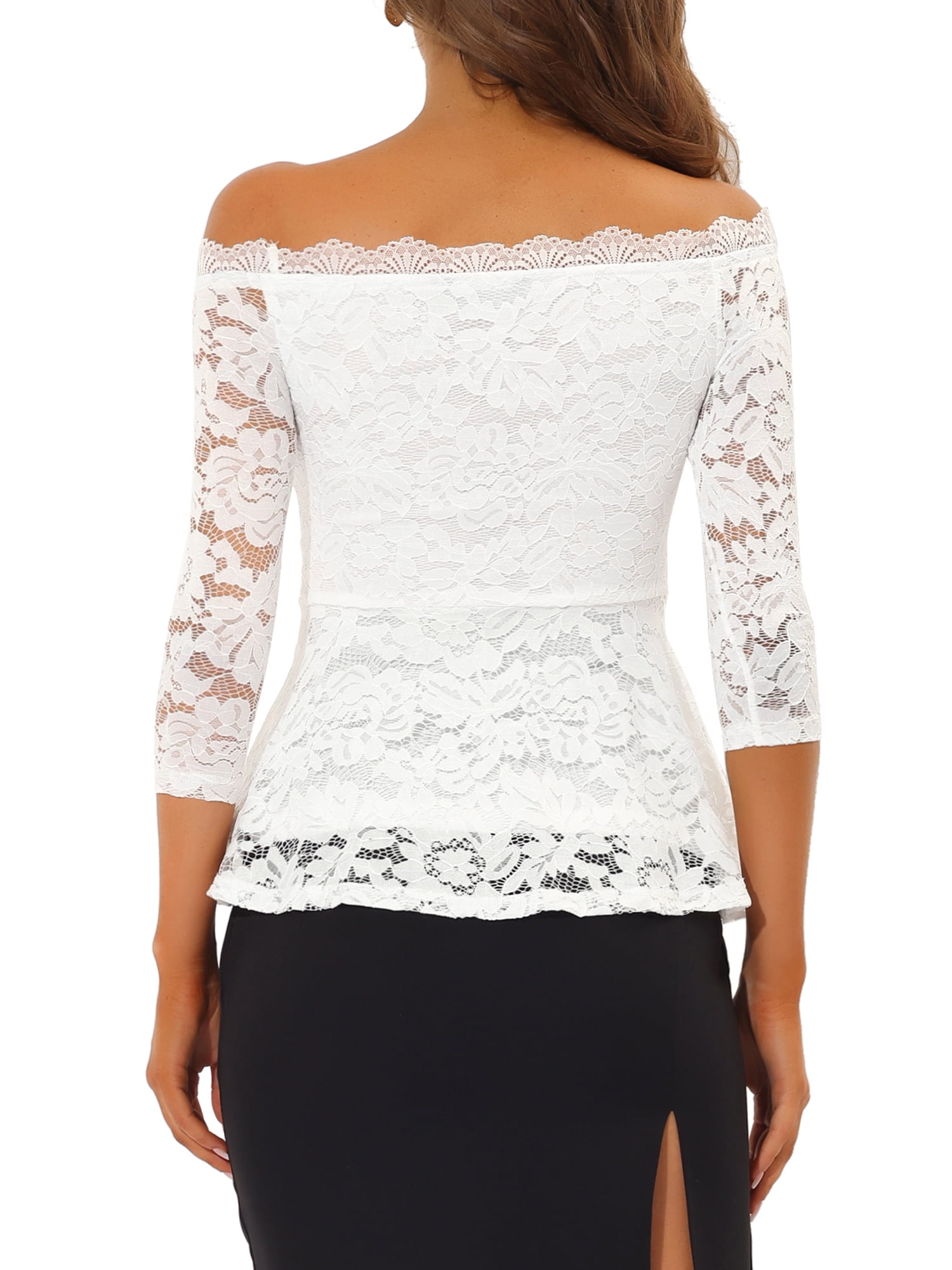 DARING DIVA Lace Off the Shoulder Sheer Peplum Blouse Top L White