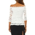 thumbnail image 3 of INSPIRE CHIC Women's Floral Lace Blouse Off Shoulder Sheer 3/4 Sleeve Peplum Top L White, 3 of 7