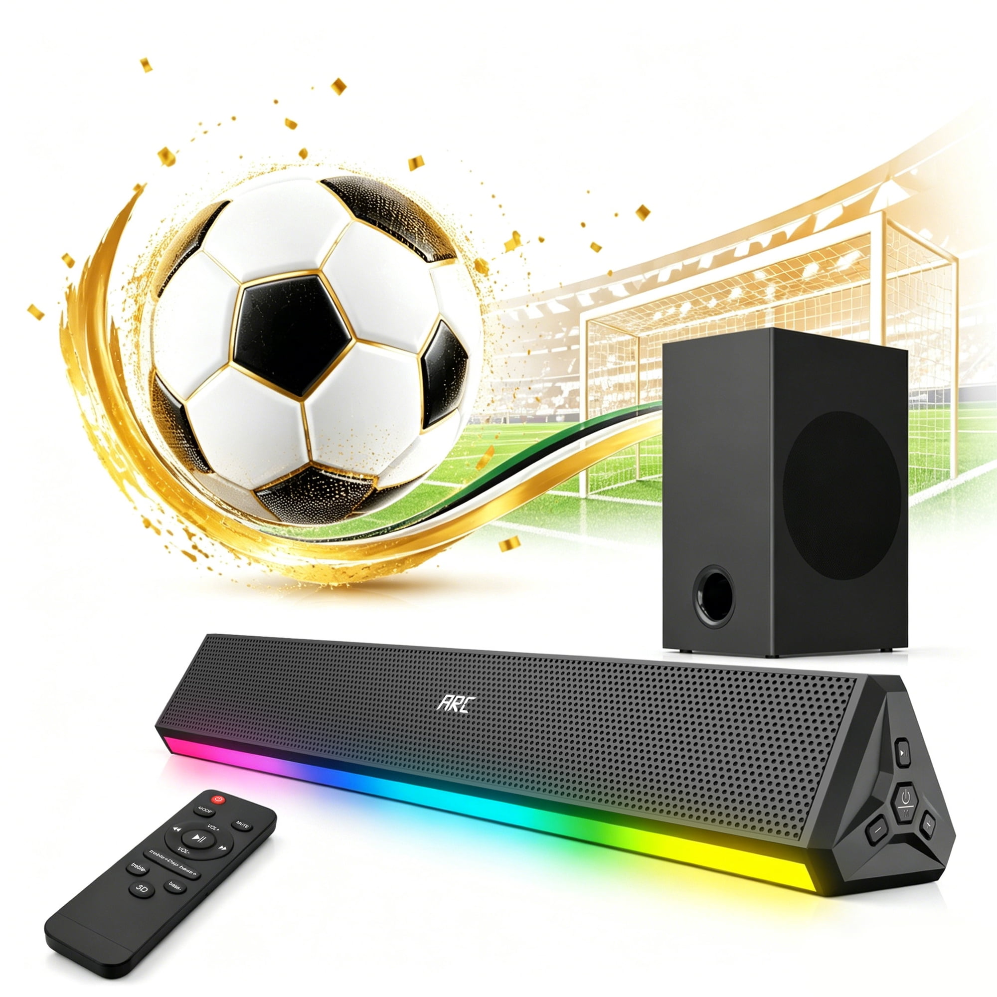 GCZ Soundbar, 120W Sound Bar for TV, 2.1 CH Soundbar with Subwoofer, HDMI/Bluetooth 5.3/AUX/Optical Connection, Wired & Wireless Speakers with Colorful Backlight