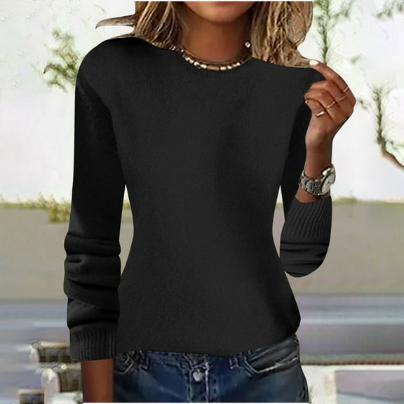 Qulqfy Women Pullover Sweaters Black Knitting Cotton Tunic Fall Casual Sweaters Womens Light Tops L