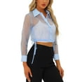 thumbnail image 4 of INSPIRE CHIC Women's Button-Front Point Collar Mesh Sheer Long Sleeve Shirt Tops M Light Blue, 4 of 6