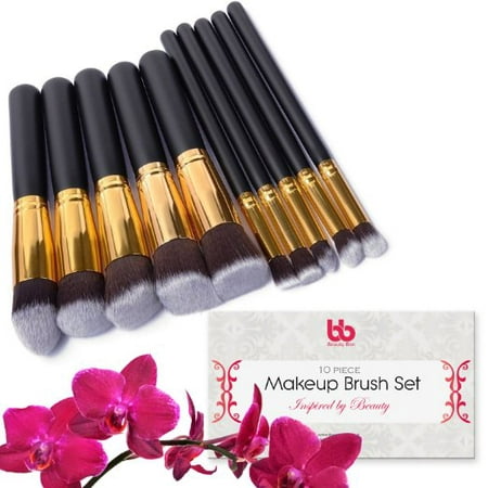 Professional Makeup Brushes, 10 Piece Set, Vegan, with Plastic Handles, Great for Applying Concealers, Foundations, & Powders, By Beauty