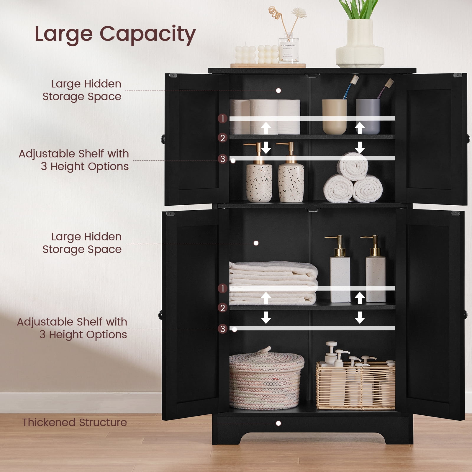 TEENFON Black Storage Cabinet with 2 Adjustable Shelves & 4 Doors, Freestanding Bathroom Storage Cabinet, Cupboard, Floor Cabinets for Living Room, Entryway, Home Office