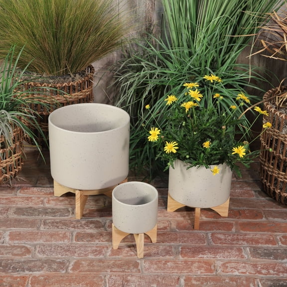 Sagebrook Home 10" Planter With Wood Stand, Matte Beige