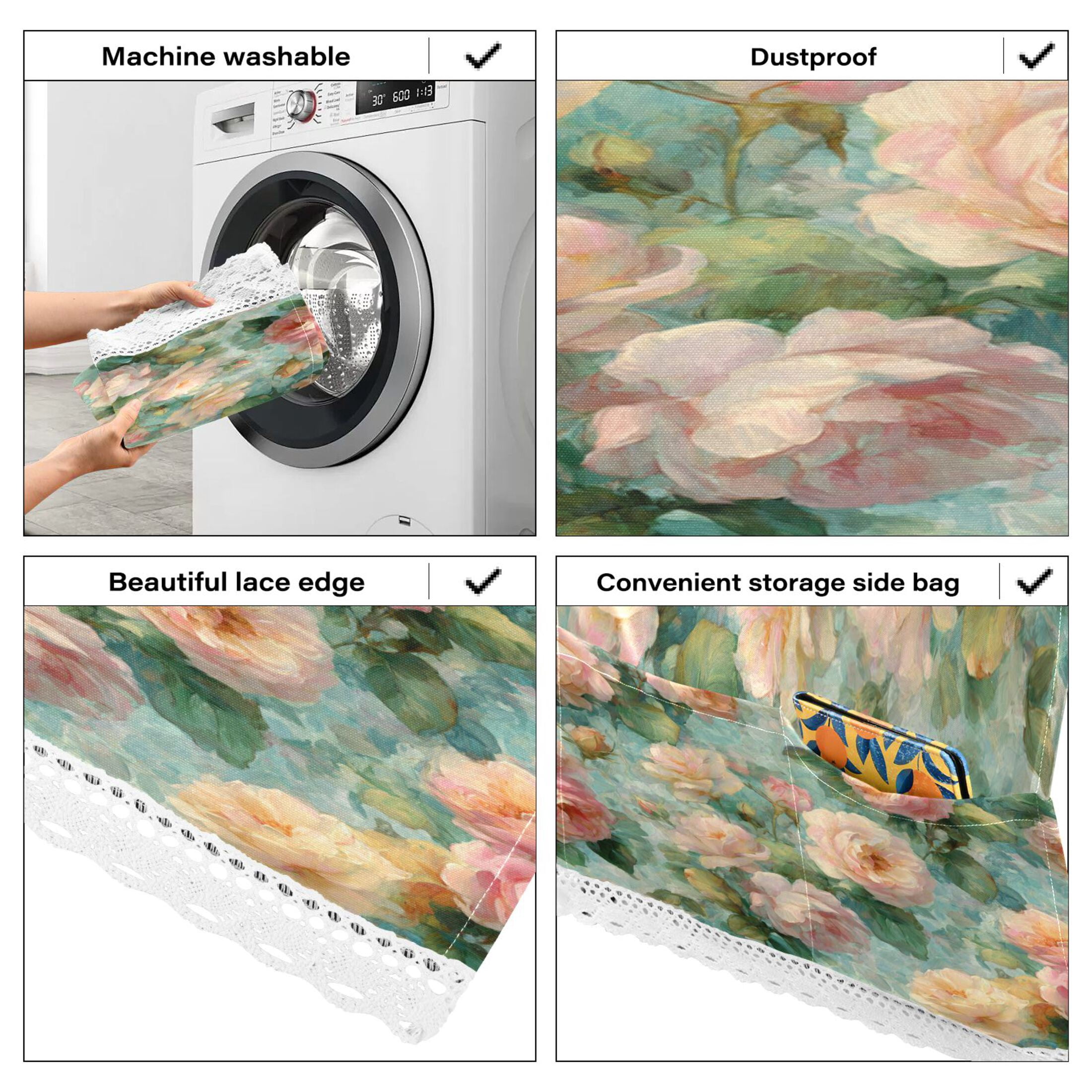 Wobogo Powder Green Rose Washing Machine Cover Dustproof Washer Dryer Cover Waterproof Laundry Room Decorative Protector