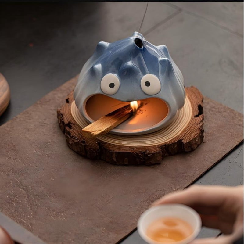 Cute Red Monster Palo Santo Holder Incense Burner - Ceramic Cartoon Holder for Holy Wood Sticks/Cones | Fun Decor for Energy Cleansing, Meditation, Bedroom & Desk (Gradient Blue-Orange Glaze)