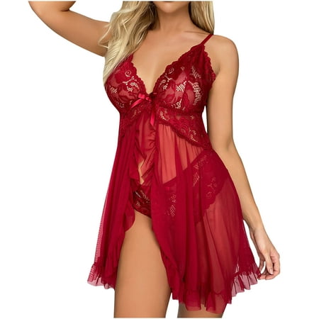 

YYDGH Babydoll Lingerie for Women Lace Mesh Open Front Lingerie V Neck Nightwear Sexy Chemise Nightie Red XL
