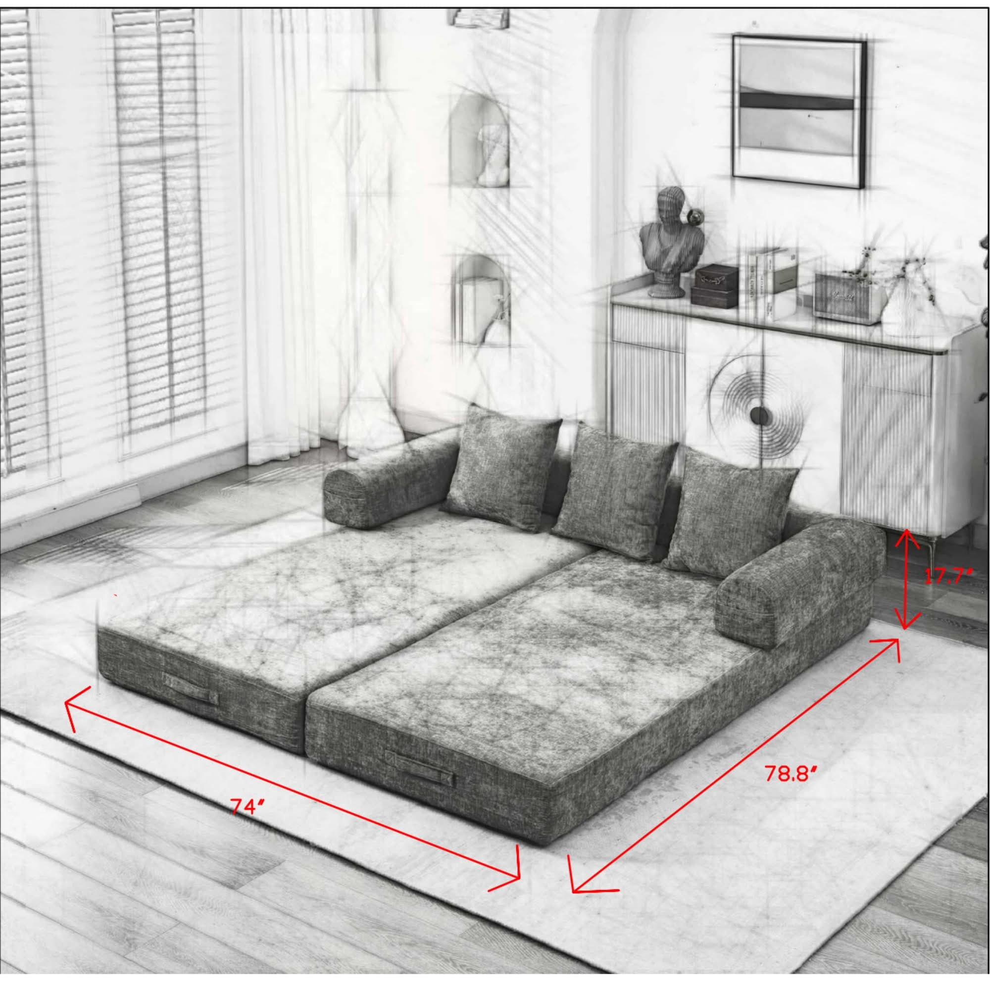 MAYEERTY 78.8" Black Chenille Convertible Floor Sofa Bed, No Assembly Modular Couch with Pillows for Living Room Studio