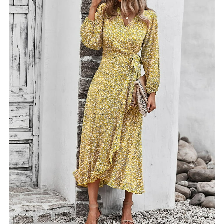 Yoolin Women's Vintage Wrap Dress Floral Print V-Neck High Split