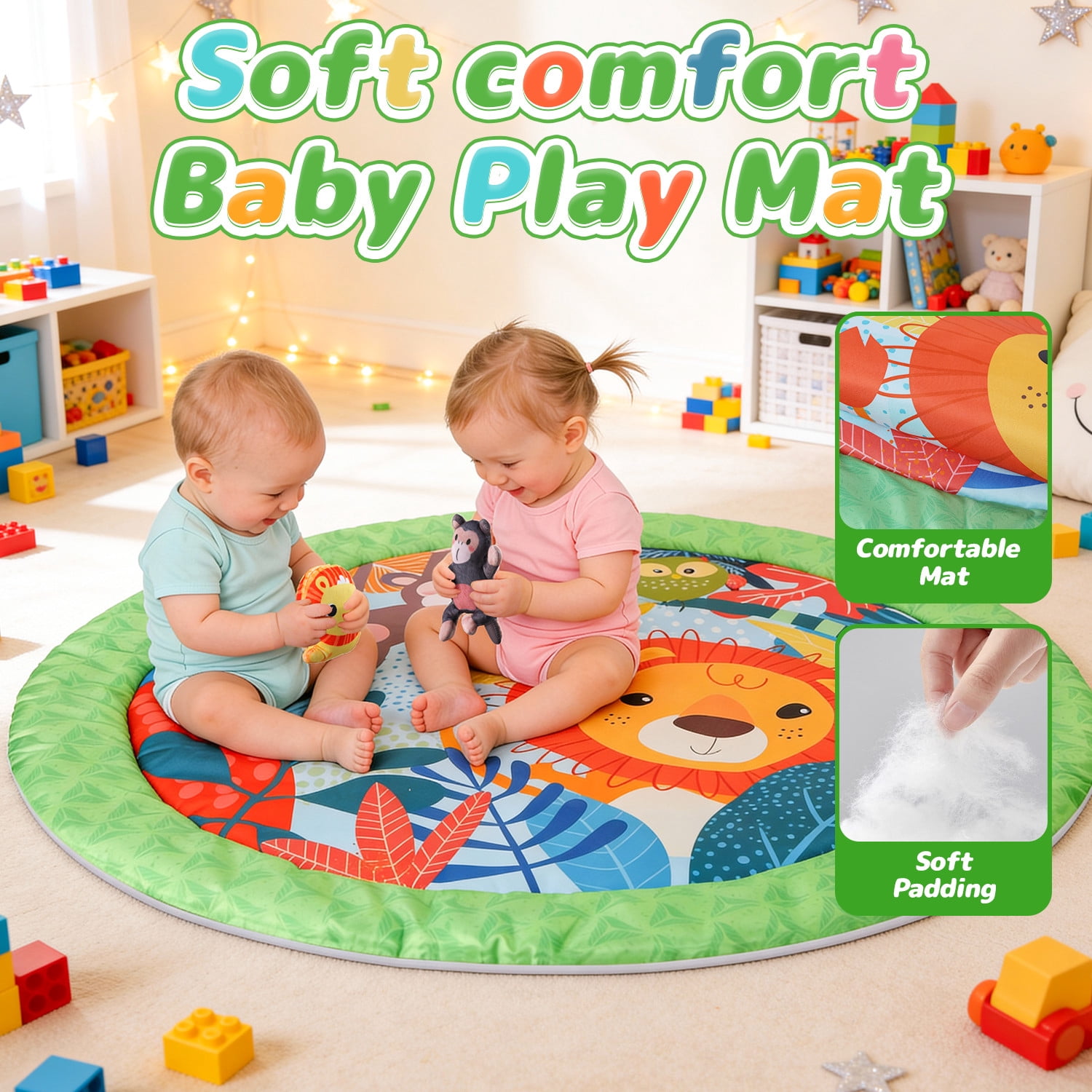 JoyStone Baby Gym Play Mat Activity Mat with 6 Detachable Toys, Round Tummy Time Play Mat for Newborns & Infants 0–12 Months