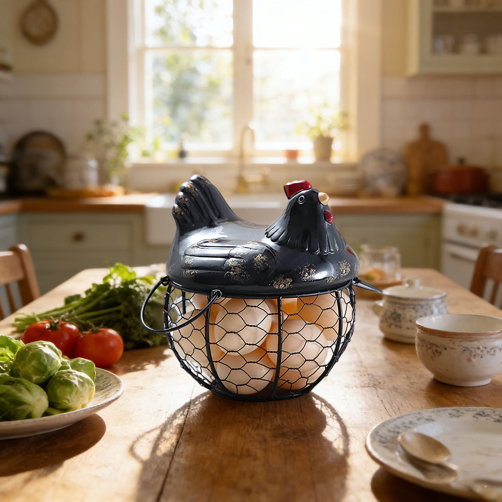Chicken Egg Basket Black Wire with Ceramic Lid, Egg Holder for Gathering Fresh Eggs, Decorative Farmhouse Egg Storage Container for Kitchen Countertop, Ceramic Egg Storage Basket Organizer