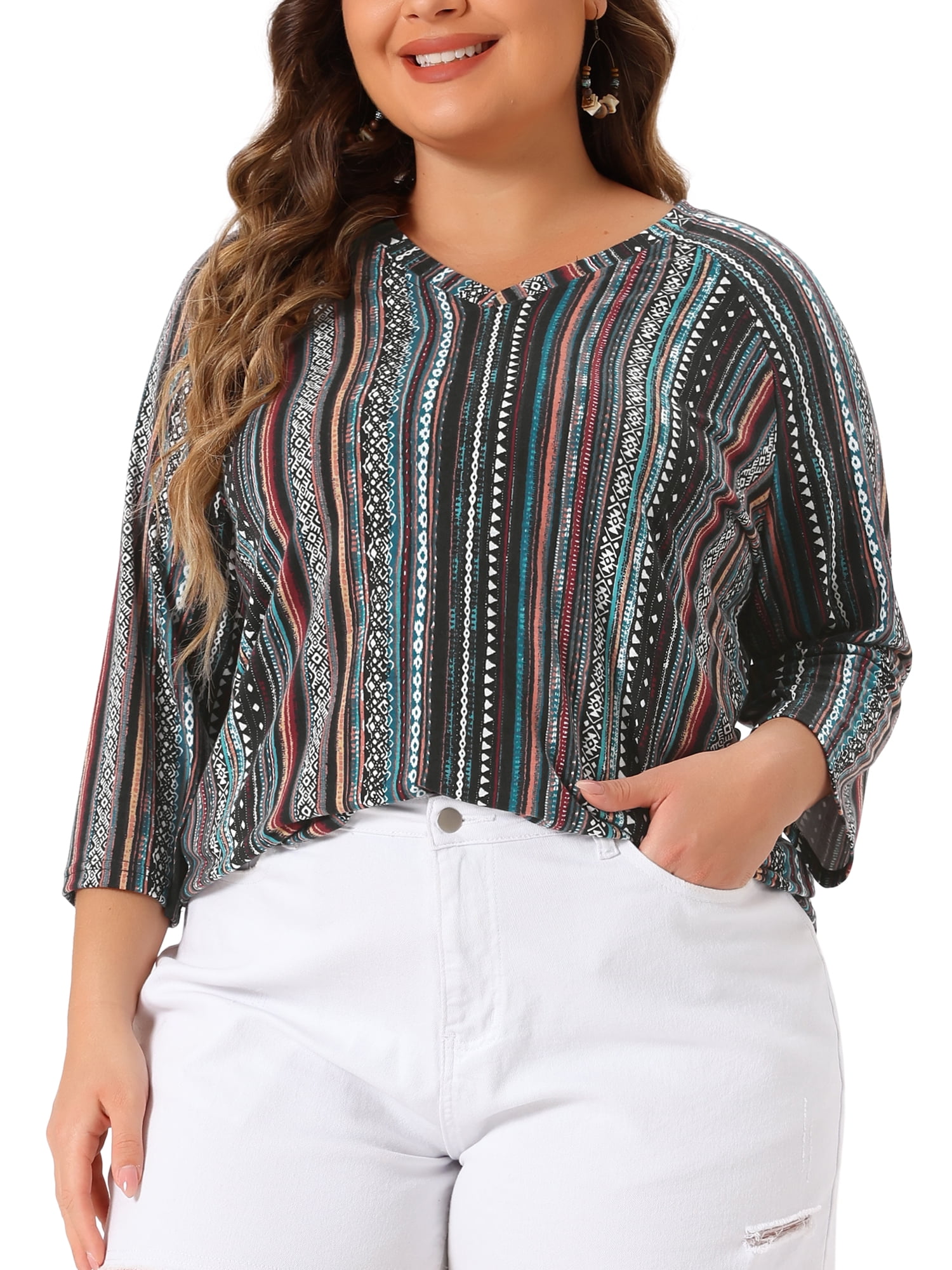 Women's Plus Tops V Neck 3/4 Sleeve Knit Blouse Tee Shirt Stripe Boho Tops 3X Green