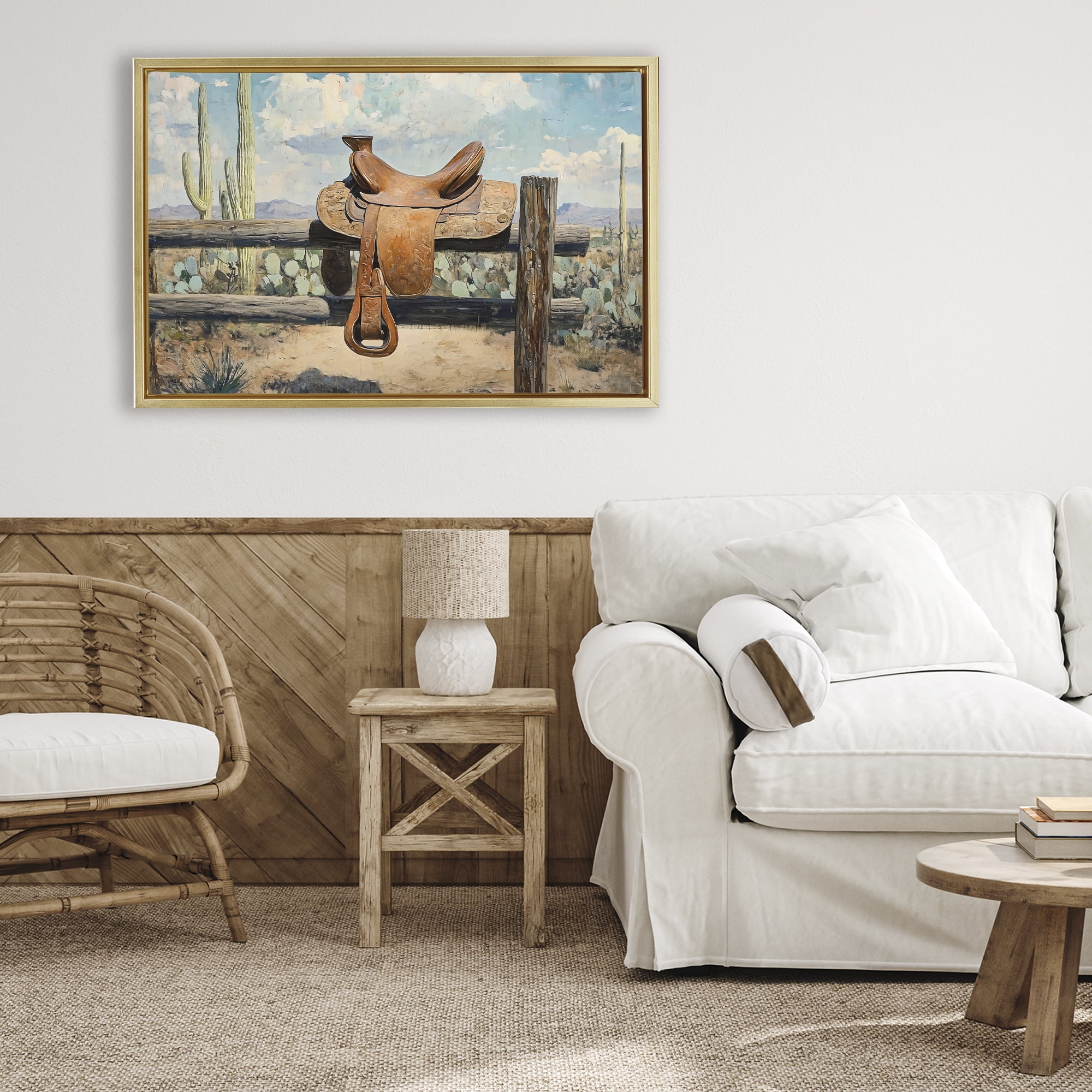 Stupell Industries Saddle on Desert Fence Gold Framed Floater Canvas Wall Art, design by Franklyn Gregory