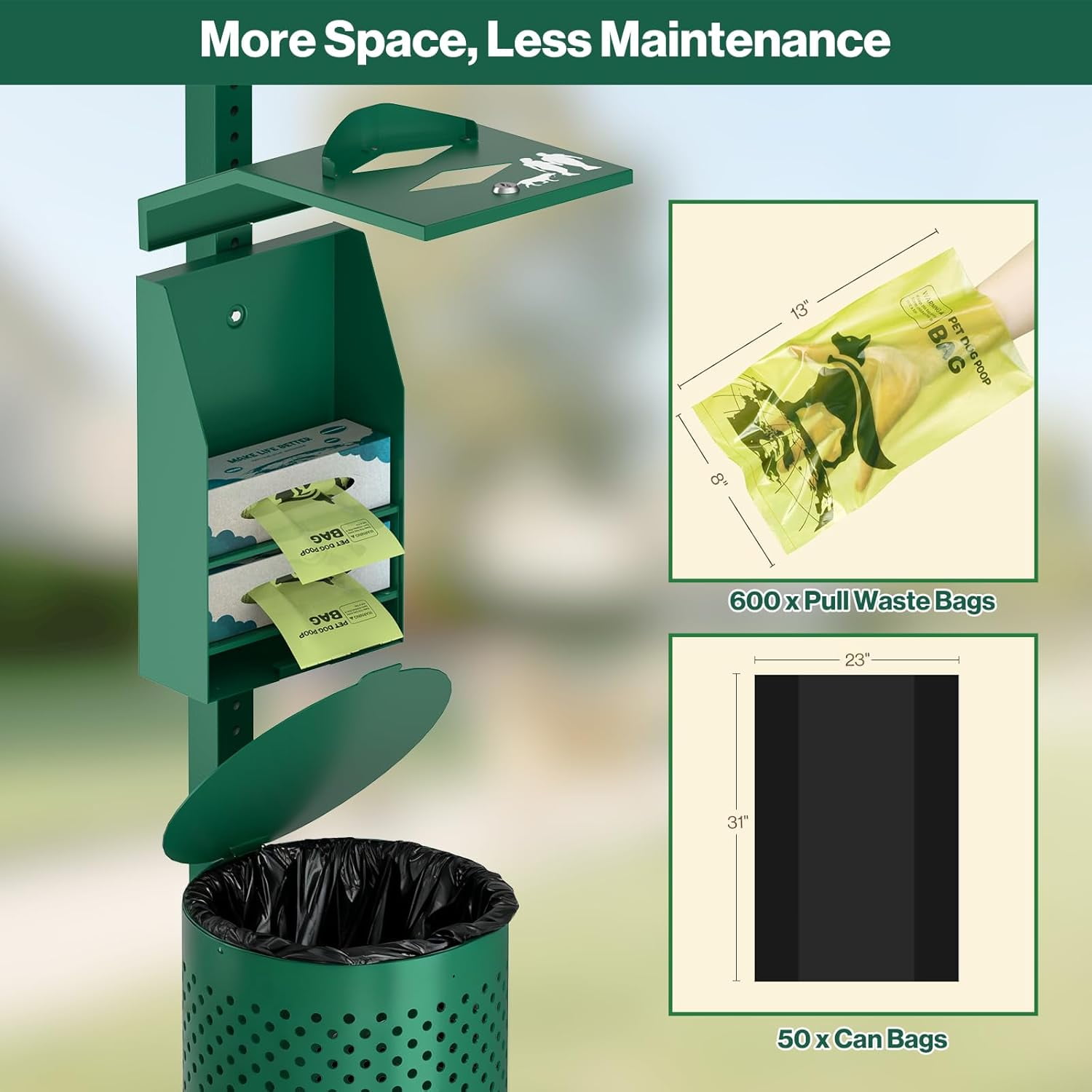 POCHAR Aluminum Rustproof Dog Waste Disposal Station for Pet Parks - 10 Gallon Outdoor Pet Poop Disposal Bin with Reflective Sign & Lid - Included 600 Pet Waste Bags (Green)