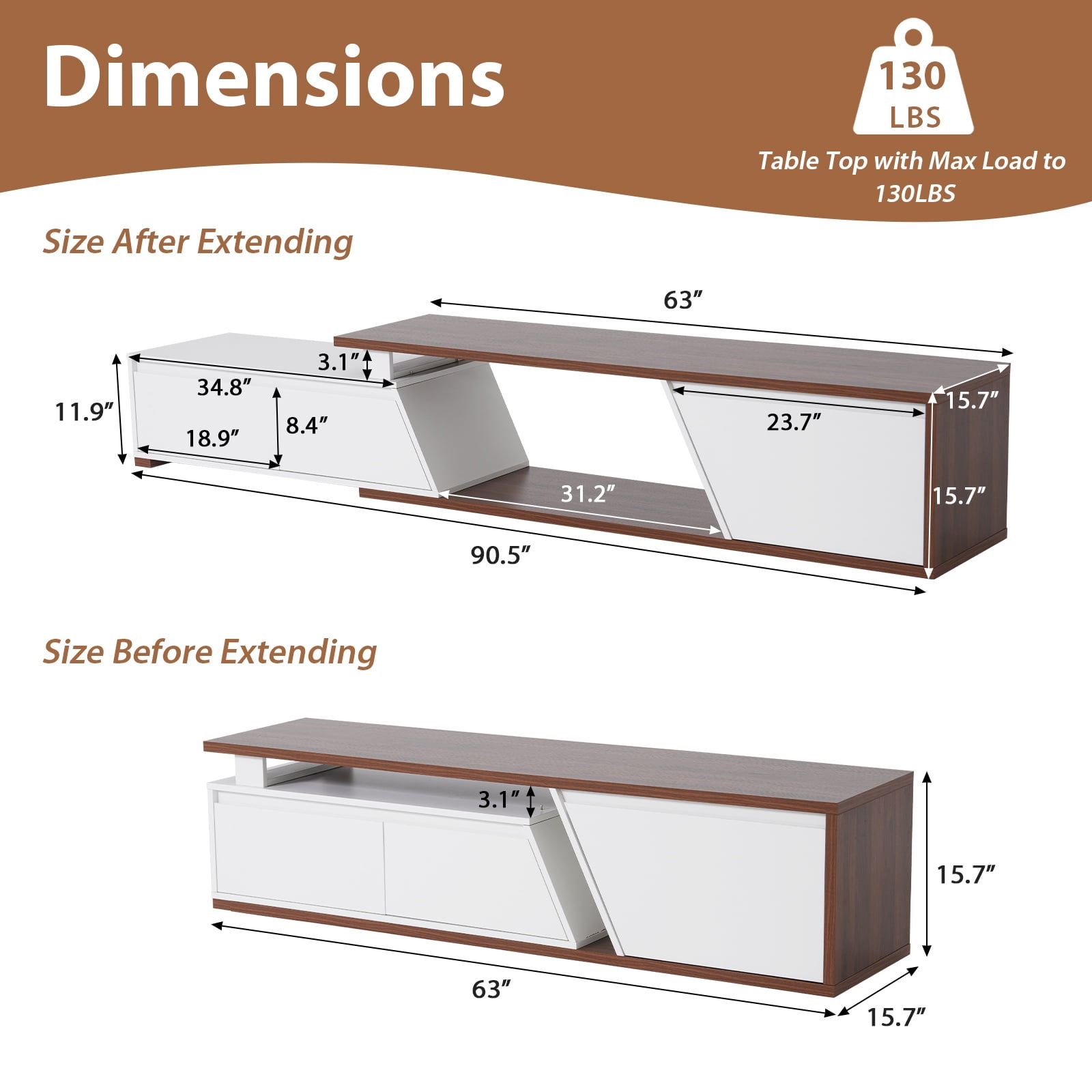 JOIVI Extendable LED TV Stand, Modern Entertainment Center with 2 Drawers, Sliding Tabletop Media Console with Storage Cabinet for Living Room, 63.0" - 90.5", White