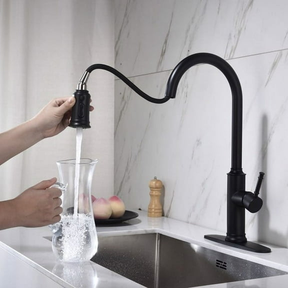 19.7" Matte Black Pull-Down Kitchen Faucet - Single Handle, Dual-Function Sprayhead & 360° Swivel Spout for Modern Kitchen Sinks