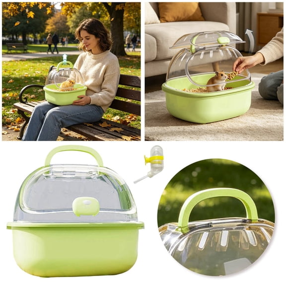 Portable Hamster Travel Cages with Water Bottle Transparent Hamster Carrier Cage Breathable Outdoor Small Animal Habitat Pet Carry Cage for Hamsters Squirrels Hedgehogs Small Rodents