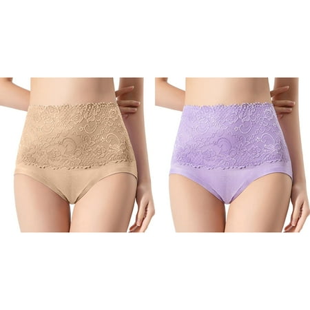 Lojoutye 2 Pack(Purple 1PCS & Khaki 1PCS) Multipack Lower Abdomen Waist Trainer Plus Size High Waist Striped Tangas No Show Bikini Thongs Women Underwear Panties Thong