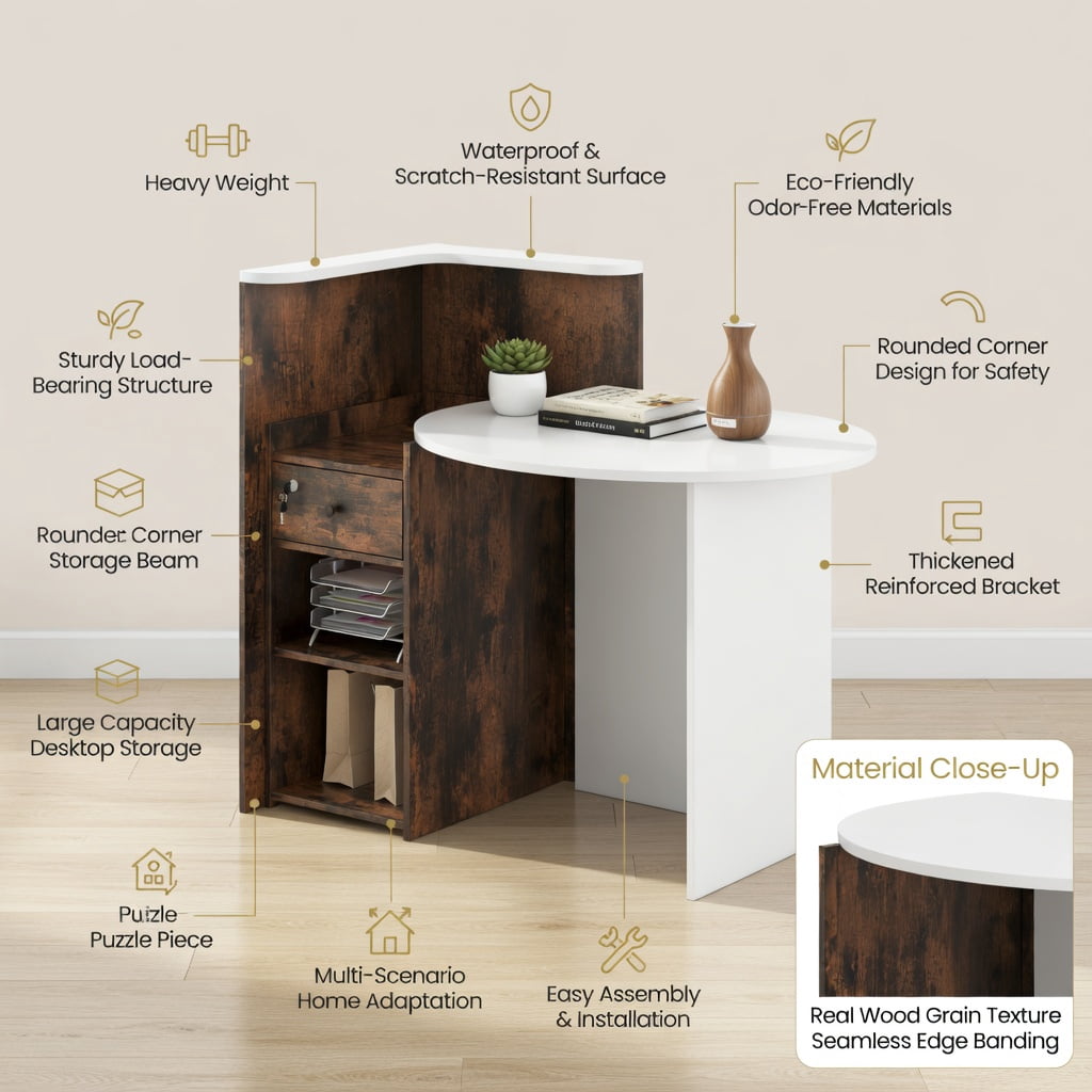 Demi Bonn Front Reception Office Desk with Open Shelf and Lockable Drawer, Small Home Computer Desk Study Writing Table, White + Brown