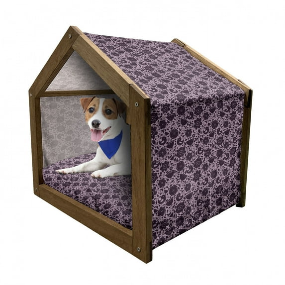 Floral Pet House, Doodle Abstract Pattern with Silhouettes of Birds and Flowers Nature Inspired, Outdoor & Indoor Portable Dog Kennel with Pillow and Cover, 5 Sizes, Lilac and Plum, by Ambesonne