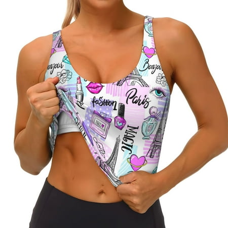 Qokaie Eiffel Tower and Hearts Pattern Womens Scoop Neck Sports Bra Breathable Workout Vest Padded U Back Medium Impact Fitness Gym Yoga Bra Workout Crop Top