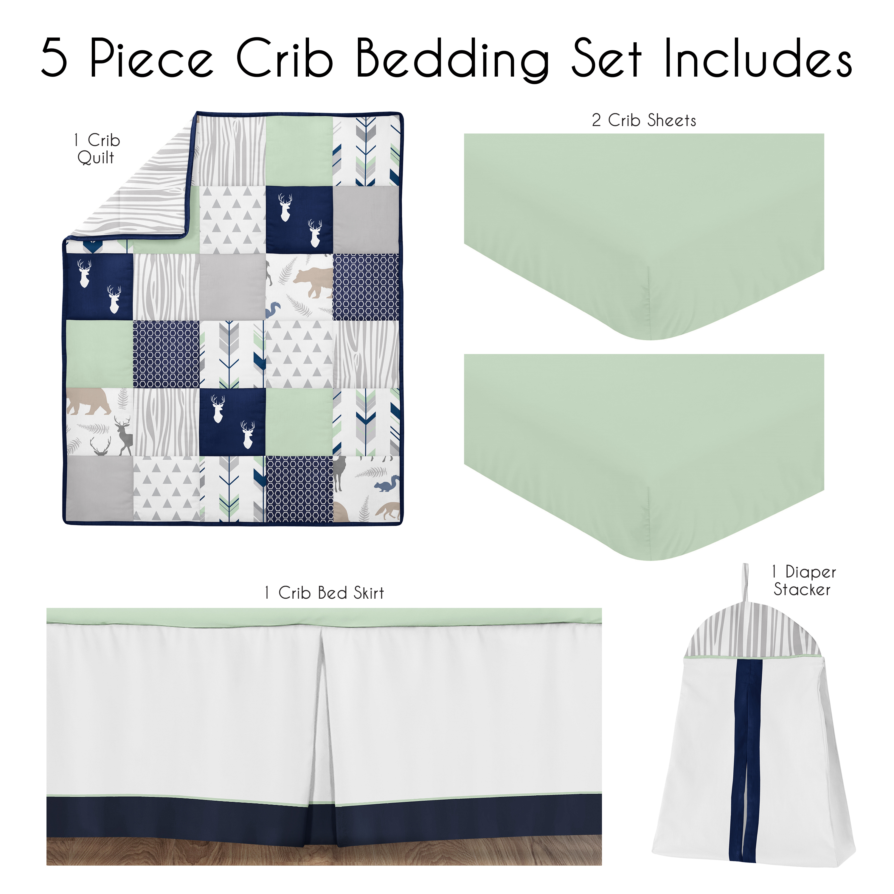 Sweet Jojo Designs Woodsy Blue Green Grey 5 Piece Crib Bedding Set
